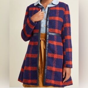 ModCloth Navy Blue Orange Wool Blend  Plaid Coat Womens Medium